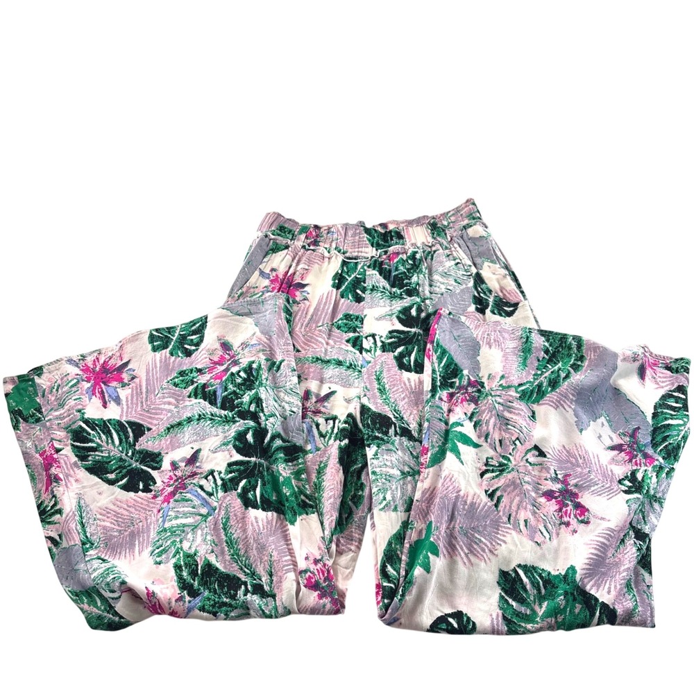 Charme U Womens Tropical Floral Palazzo Pants Wide Leg Rayon Green Pink Size M